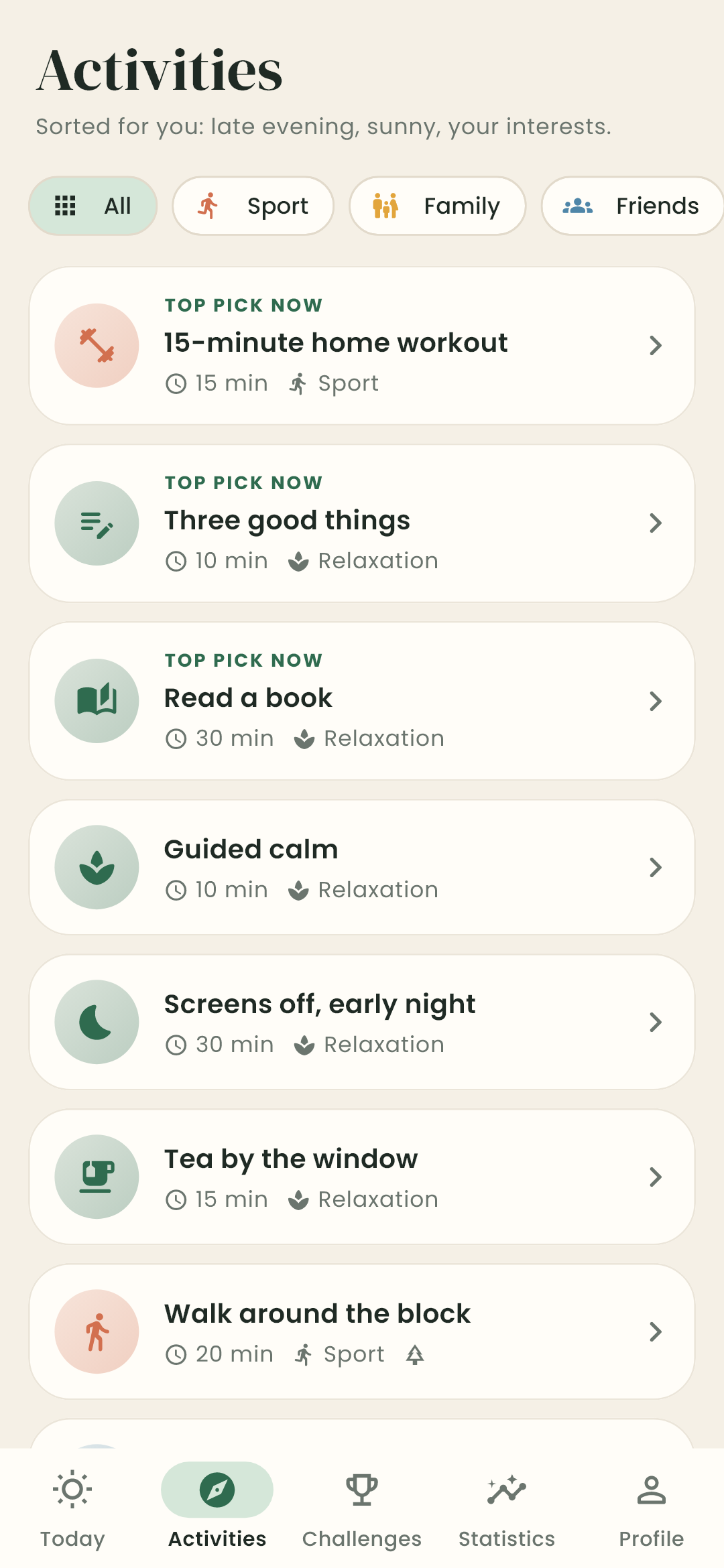 Activities list sorted for the moment, with filters by category