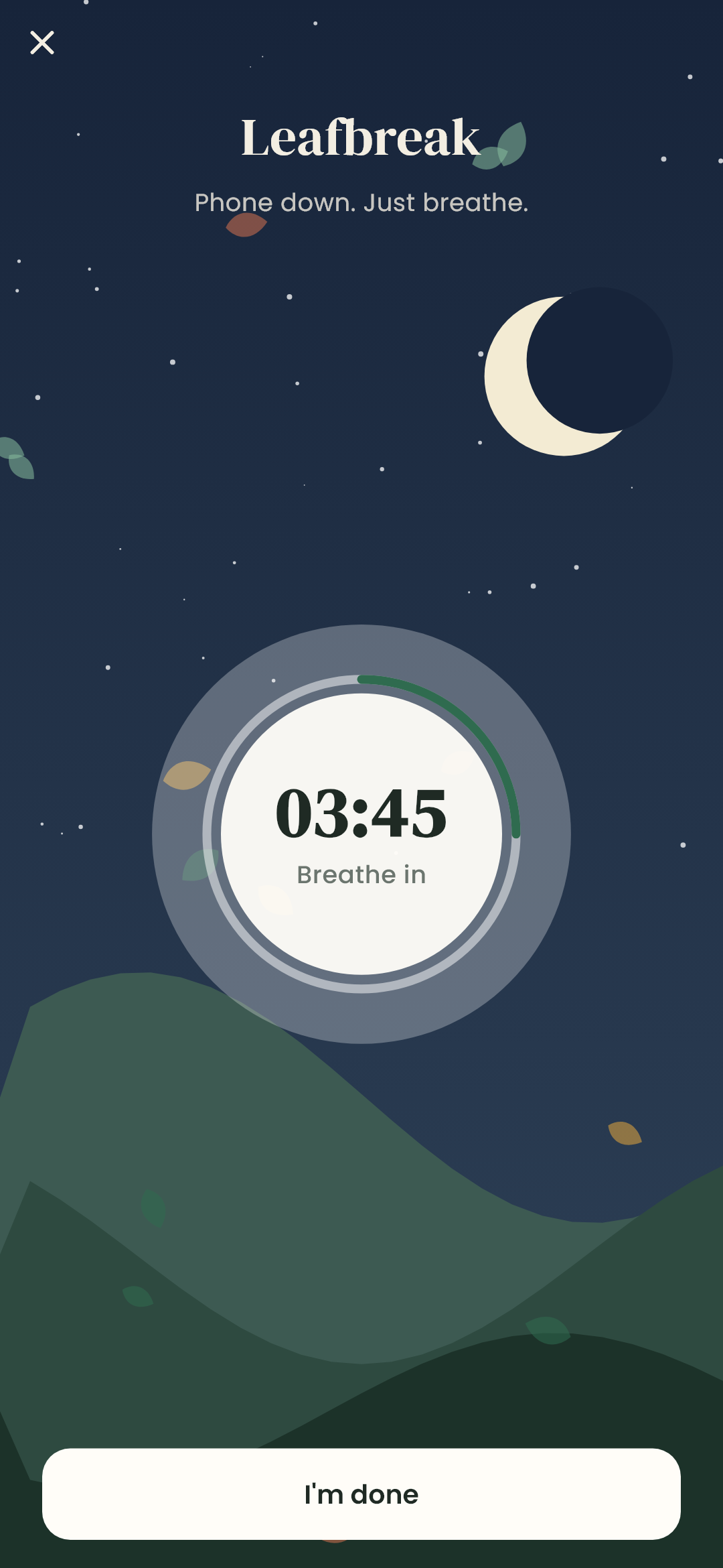 A leafbreak in progress: breathing circle with a countdown over a painted evening landscape with falling leaves