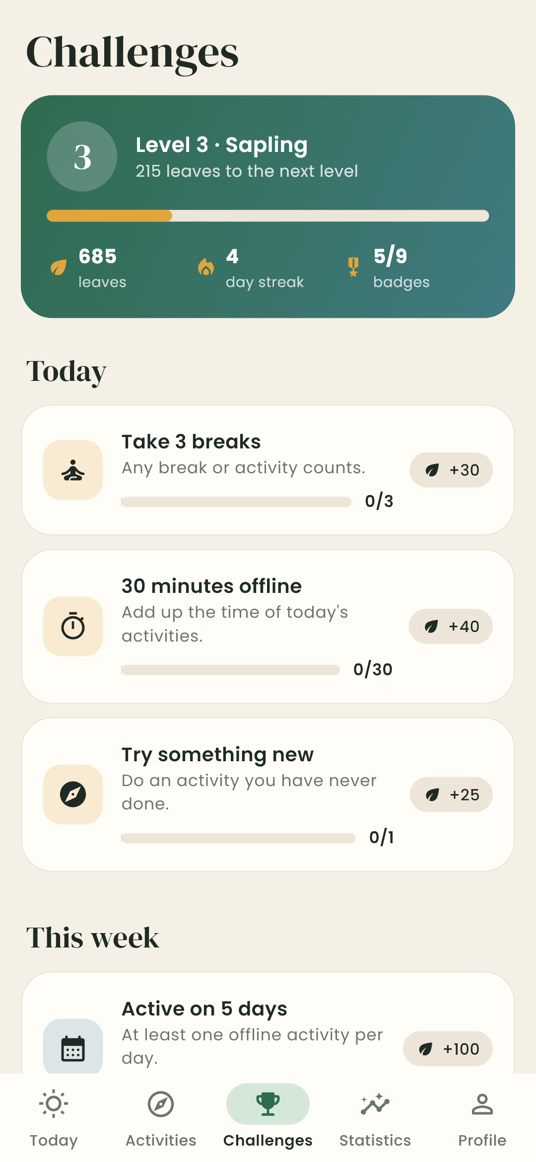 Challenges screen: level card, daily challenges with progress bars and leaves to collect