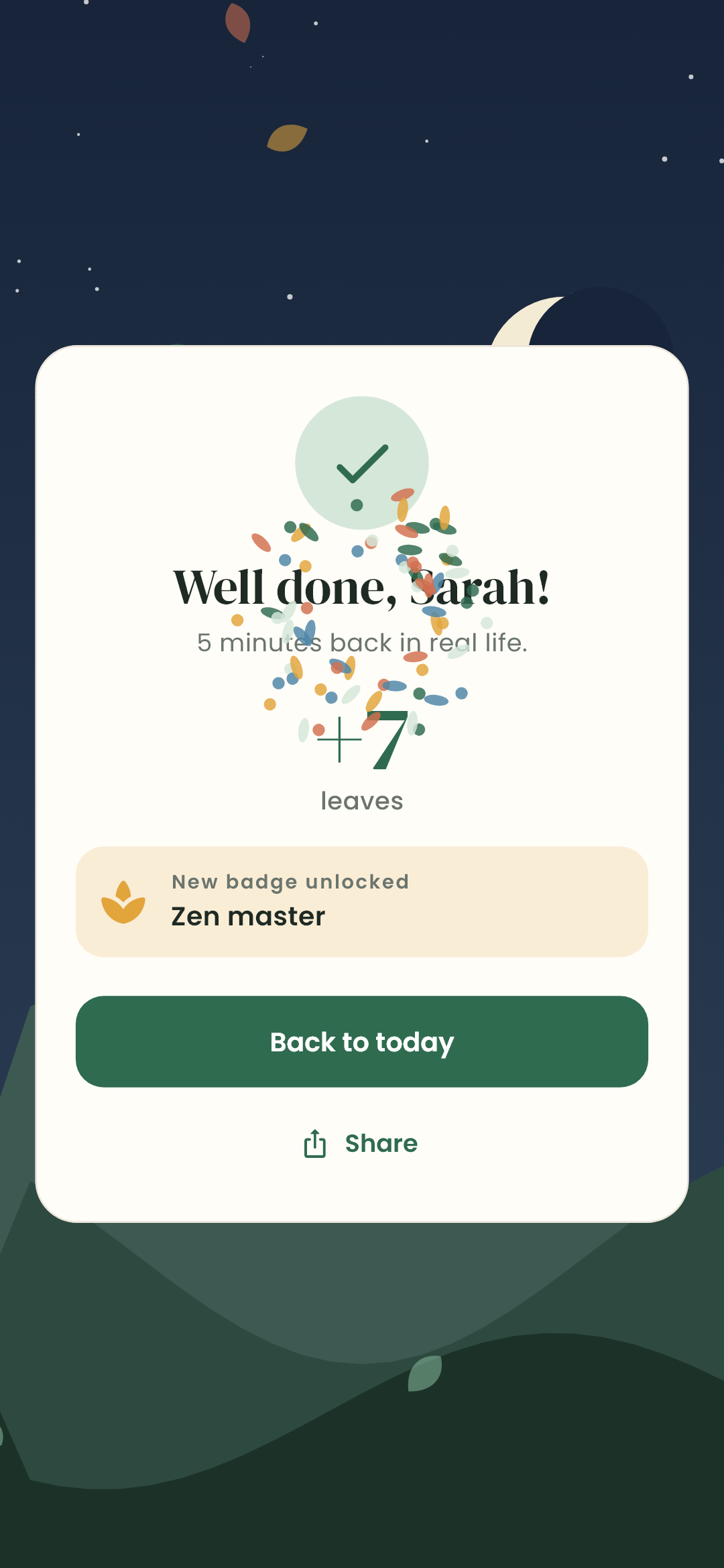 Break finished: Well done, Sarah, plus 15 leaves