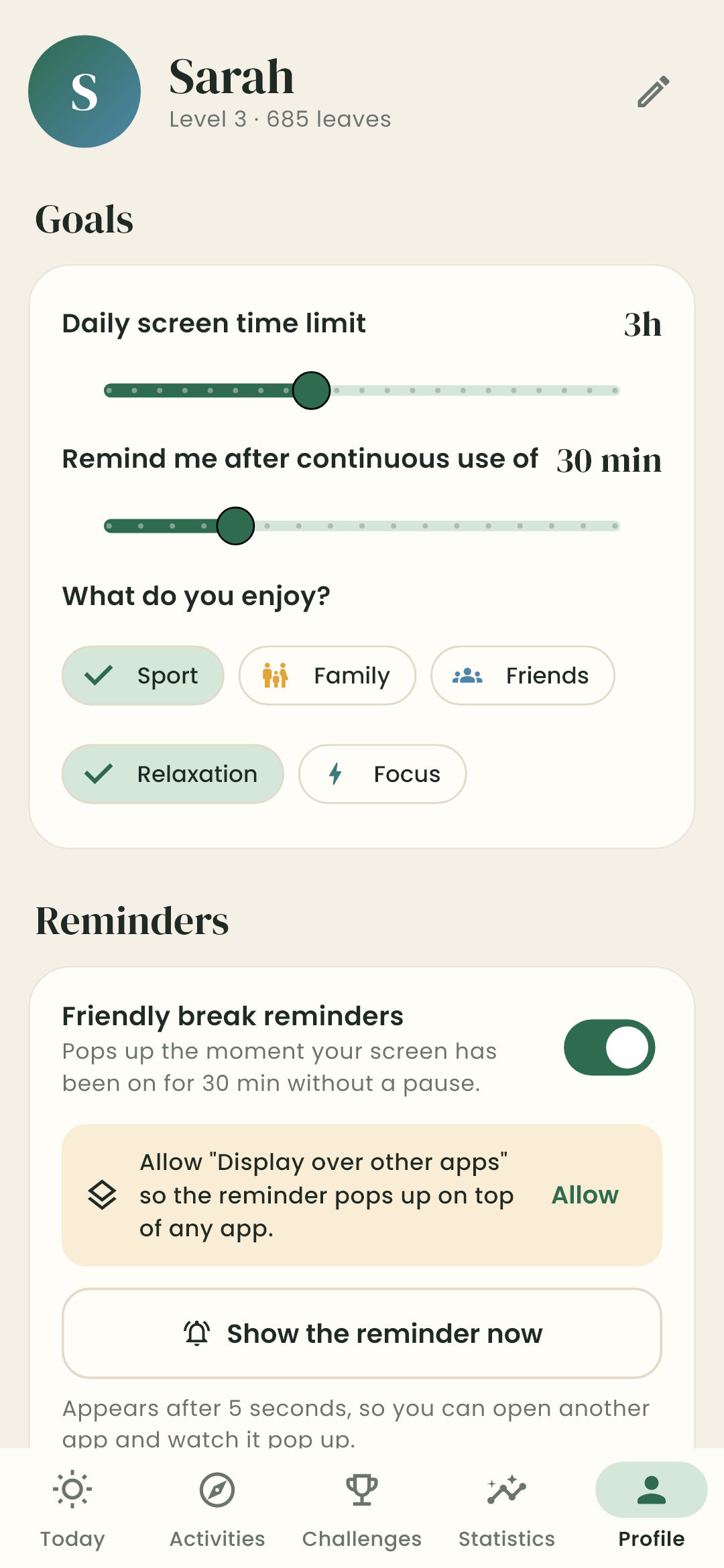 Profile with goals, interests and reminder settings