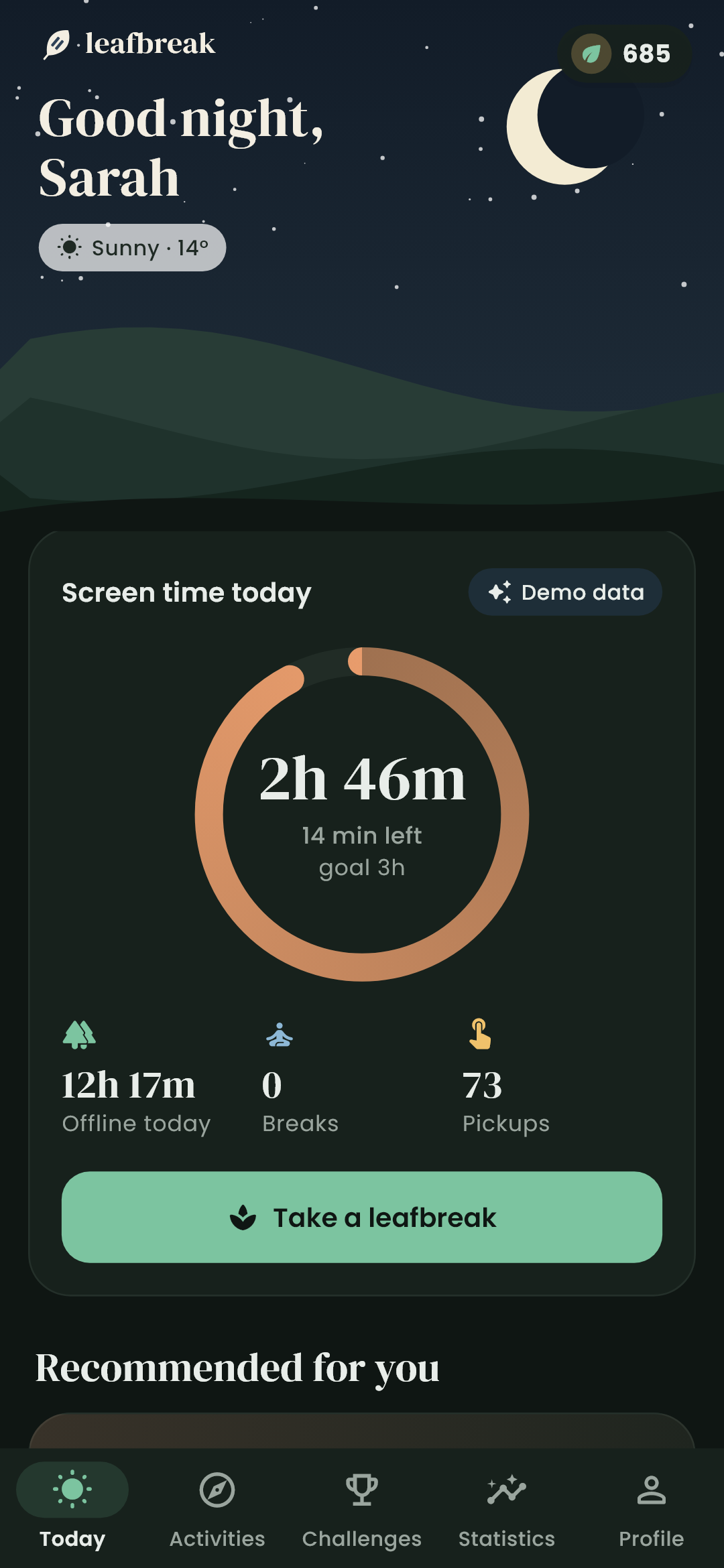 Today screen in dark mode