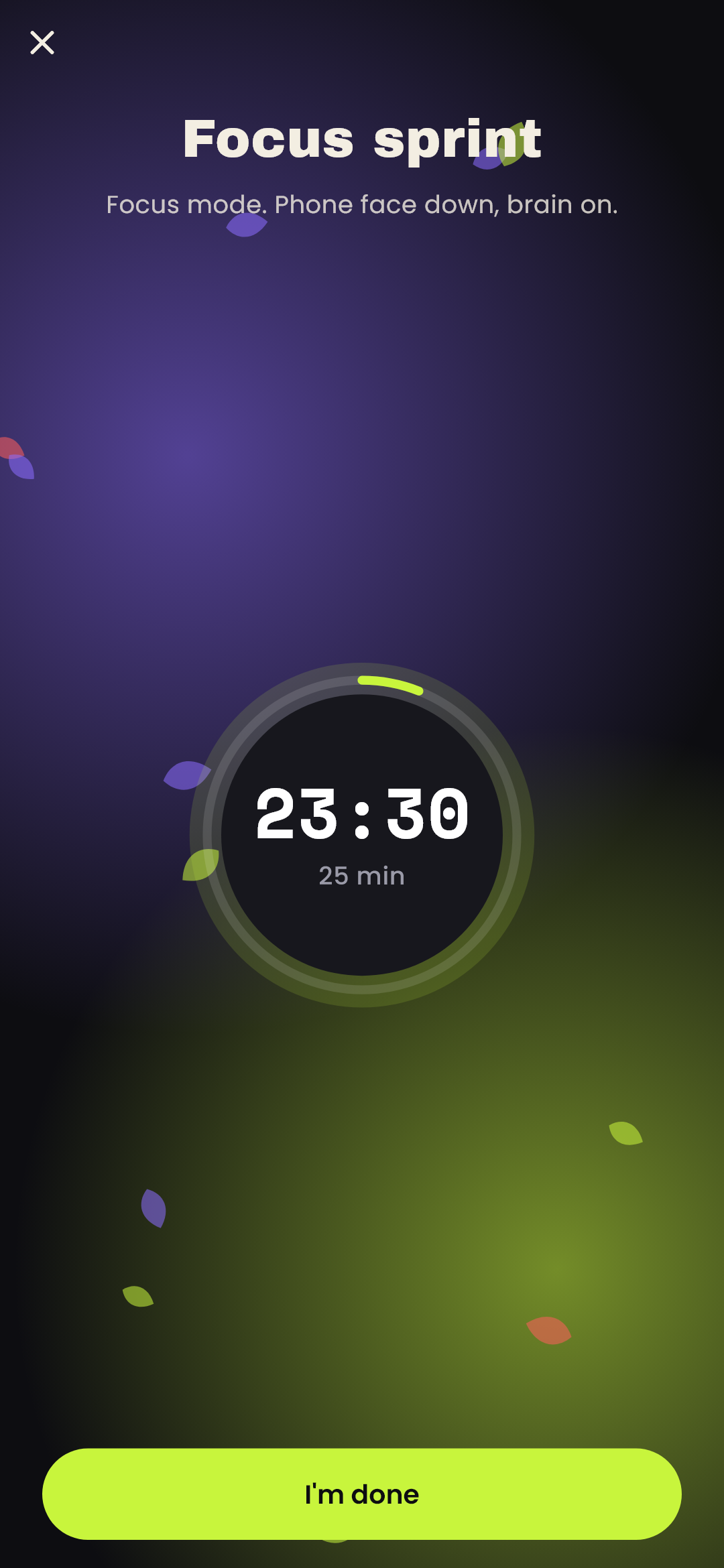 Focus sprint timer on a dark background with violet and lime glow