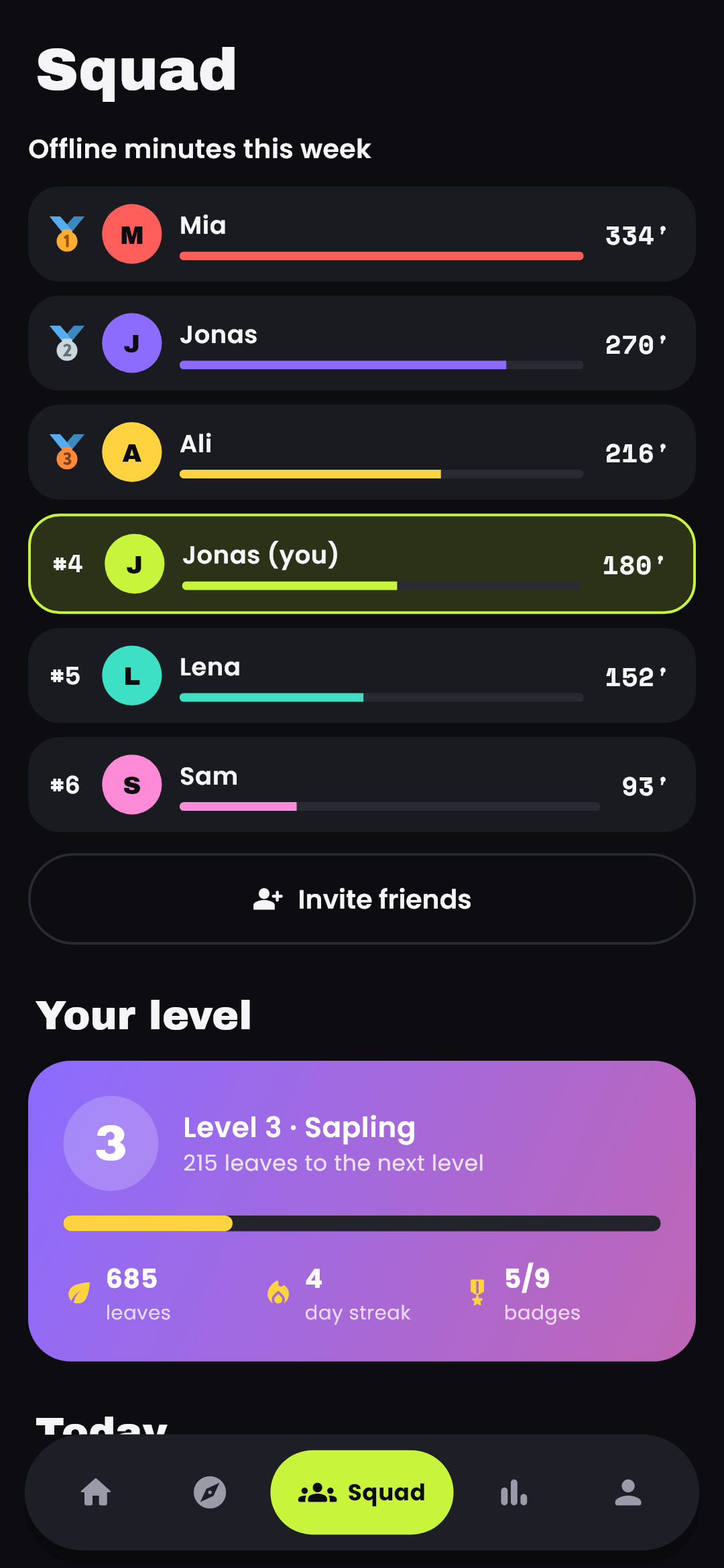 Squad tab: weekly leaderboard of offline minutes with friends